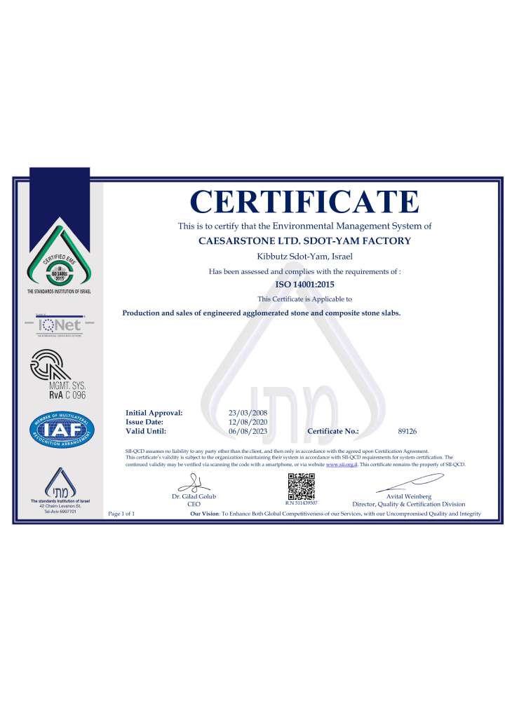 Caesarstone. Certificat ISO 14001-2015